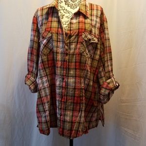 Women's basic plaid button front blouse